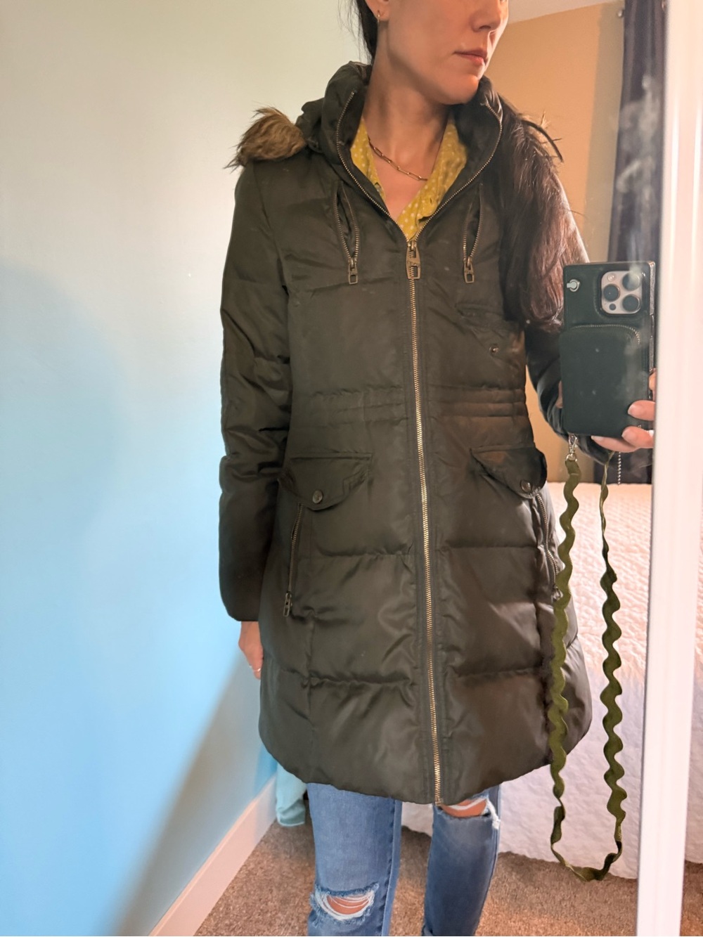 Miss Sixty Olive Green Down Puffer Coat with Faux Fur Trim